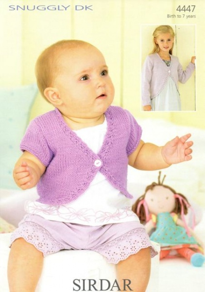 Sirdar 4447 Boleros knit for newborn to 7 years in Double Knitting (#3) weight yarn.